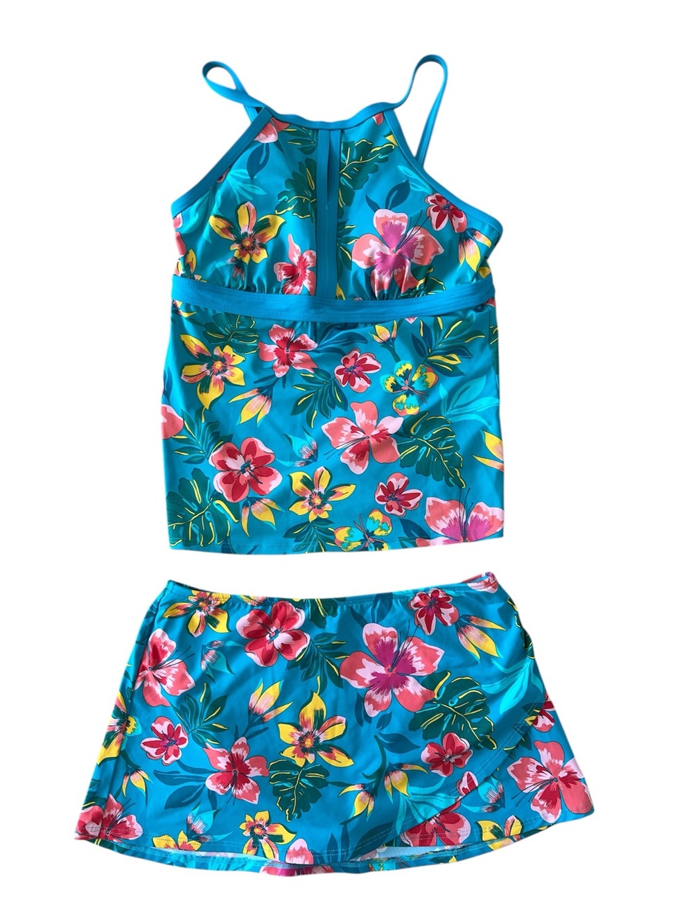 Lands' End Teal Floral Keyhole High Neck Tankini Set Swim Skirt Women Sz 10 10L